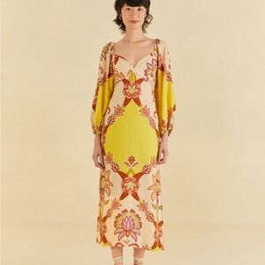 FARM RIO Brazil midi Floral Yellow and Pink Dress